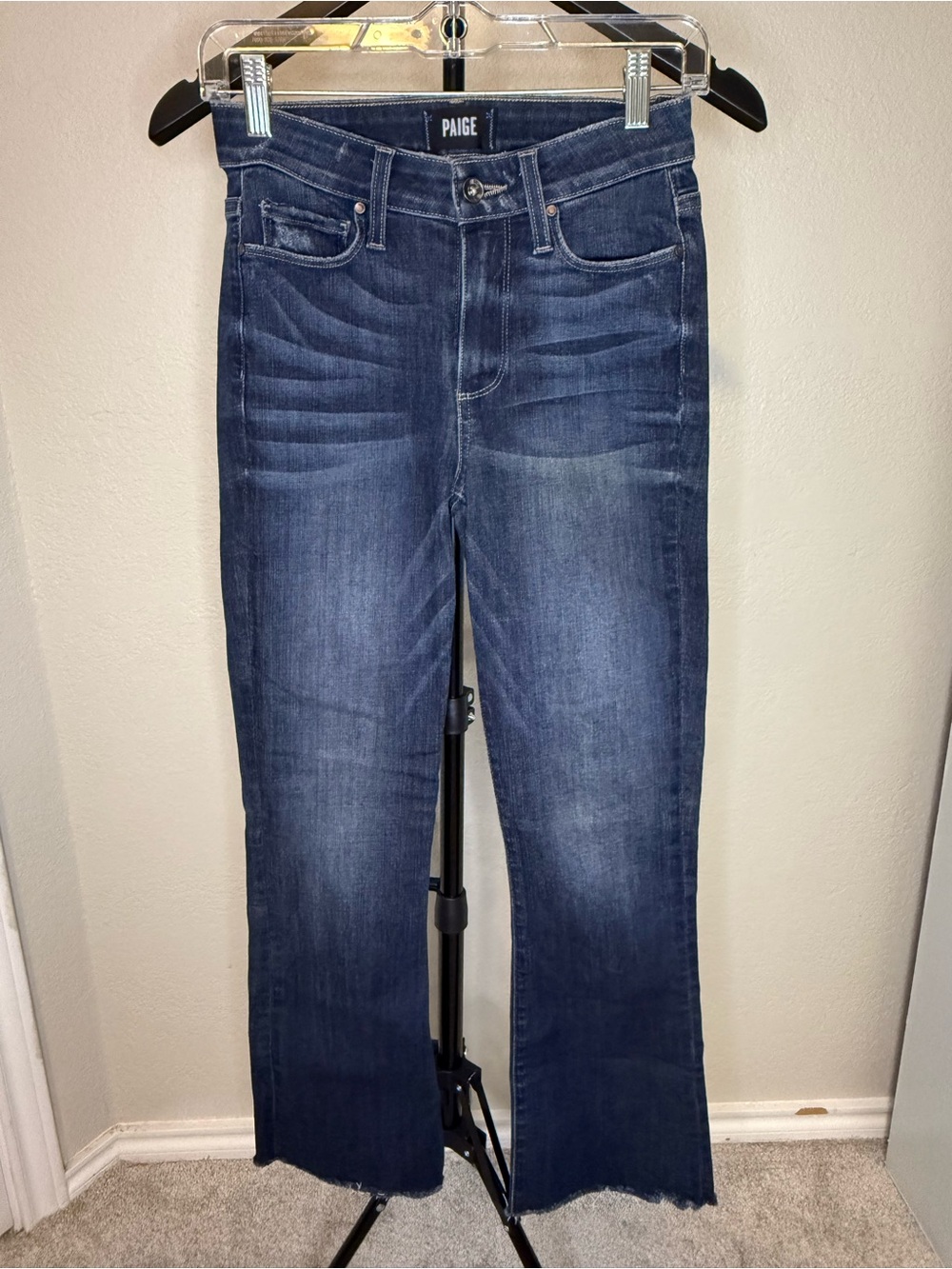 PAIGE Collette Crop Flare Indigo Bootcut Jeans with Faded Whiskering